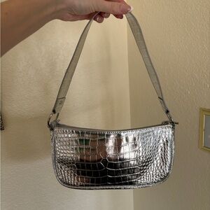 Silver Crocodile Embossed Shoulder Bag